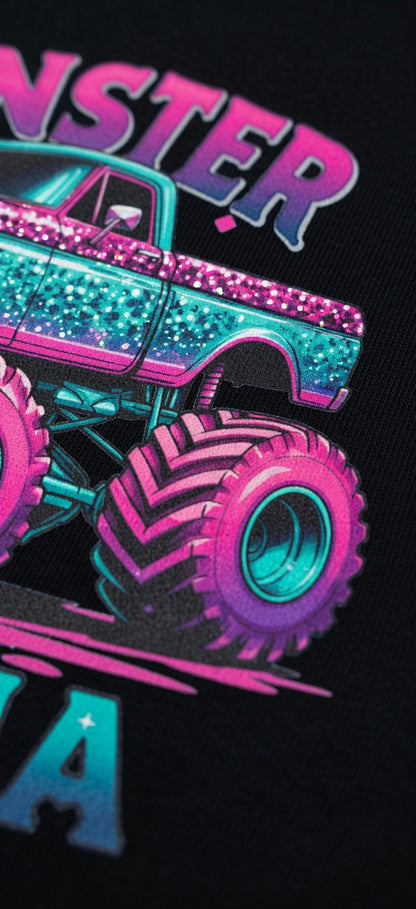 Monster Mama Glitter Monster Truck T-Shirt – Pink Teal Sparkle Mama Shirt for Women