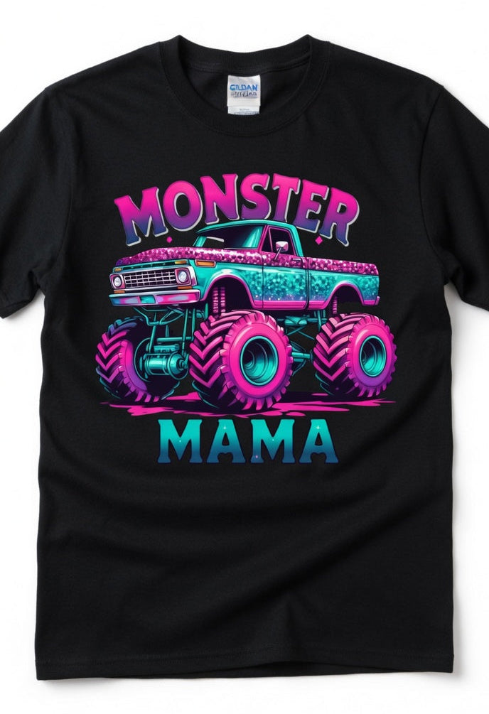 Monster Mama Glitter Monster Truck T-Shirt – Pink Teal Sparkle Mama Shirt for Women
