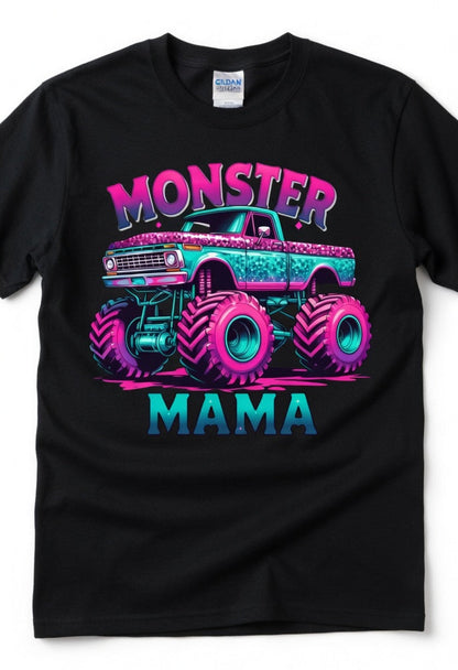 Monster Mama Glitter Monster Truck T-Shirt – Pink Teal Sparkle Mama Shirt for Women