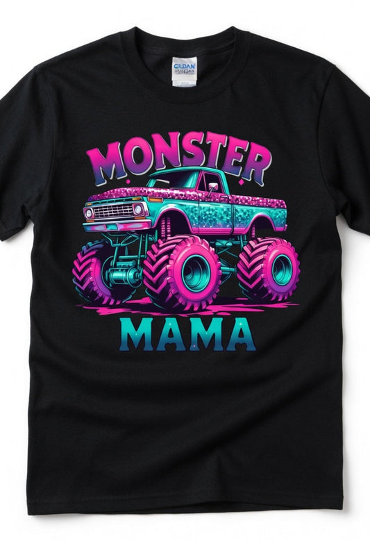 Monster Mama Glitter Monster Truck T-Shirt – Pink Teal Sparkle Mama Shirt for Women
