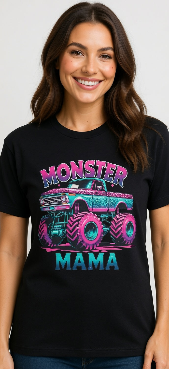 Monster Mama Glitter Monster Truck T-Shirt – Pink Teal Sparkle Mama Shirt for Women