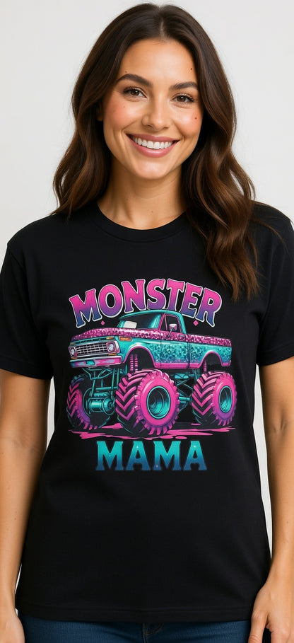 Monster Mama Glitter Monster Truck T-Shirt – Pink Teal Sparkle Mama Shirt for Women